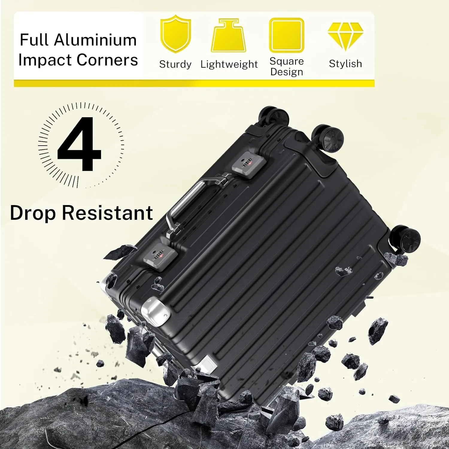 Krute Luggage Aluminum Frame Zipperless Metal Checked Luggage Noble PC ABS Lightweight Hardshell Suitcase with TSA Lock Spinner Wheels 24 Inch Black
