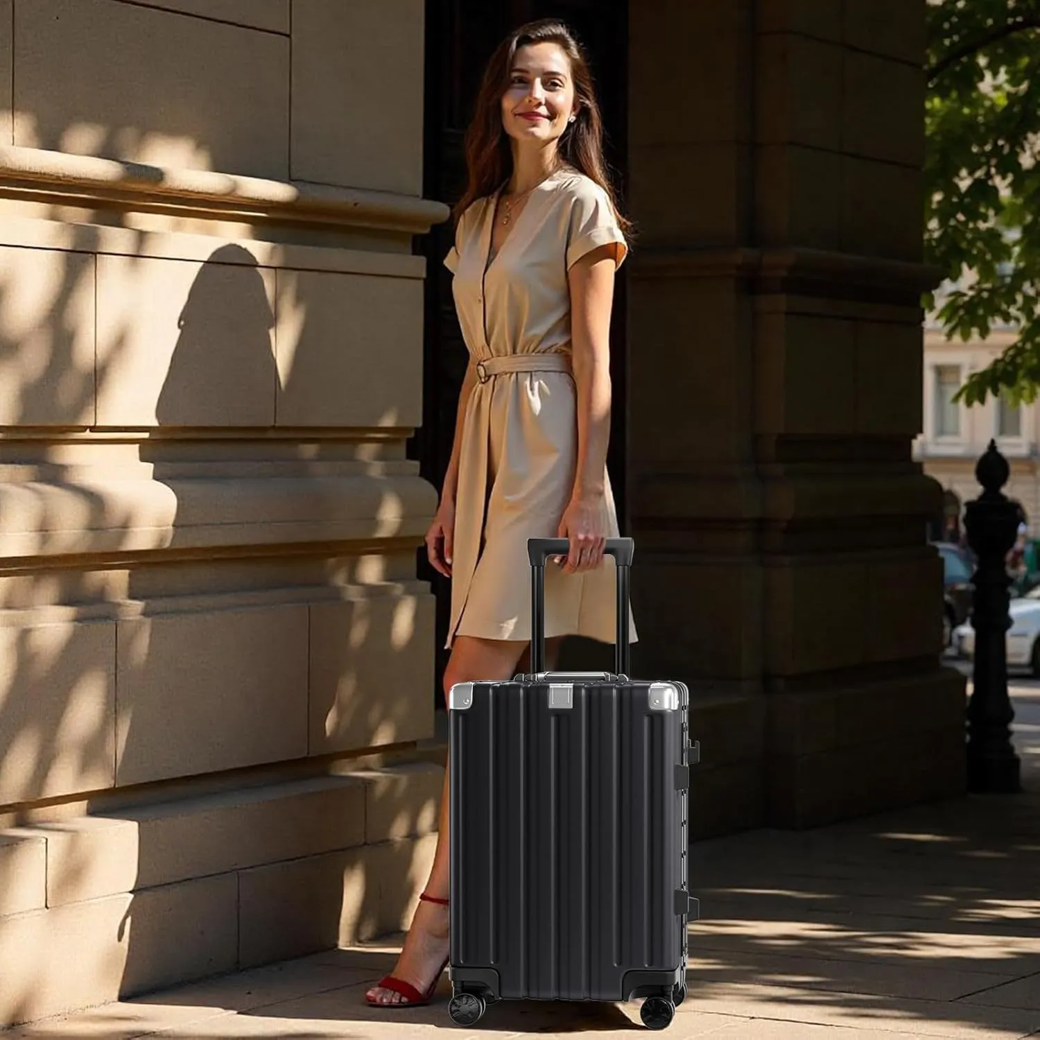 Krute Luggage Aluminum Frame Zipperless Metal Checked Luggage Noble PC ABS Lightweight Hardshell Suitcase with TSA Lock Spinner Wheels 24 Inch Black