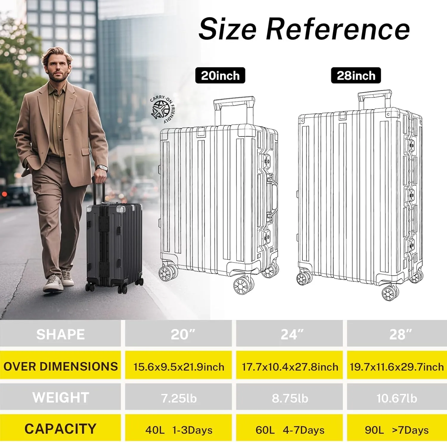 Krute Luggage Aluminum Frame Zipperless Metal Checked Luggage Noble PC ABS Lightweight Hardshell Suitcase with TSA Lock Spinner Wheels 24 Inch Black