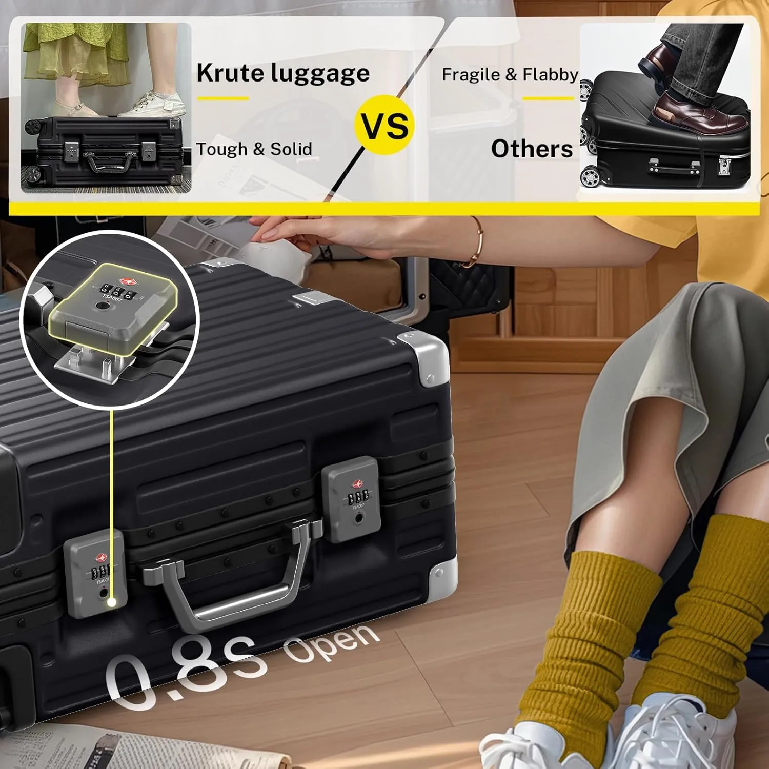 Krute Luggage Aluminum Frame Zipperless Metal Checked Luggage Noble PC ABS Lightweight Hardshell Suitcase with TSA Lock Spinner Wheels 24 Inch Black