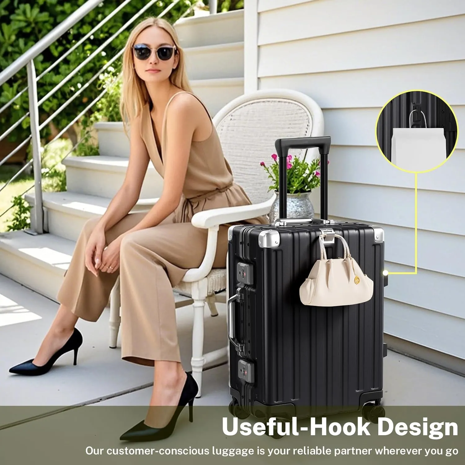 Krute Luggage Aluminum Frame Zipperless Metal Checked Luggage Noble PC ABS Lightweight Hardshell Suitcase with TSA Lock Spinner Wheels 24 Inch Black