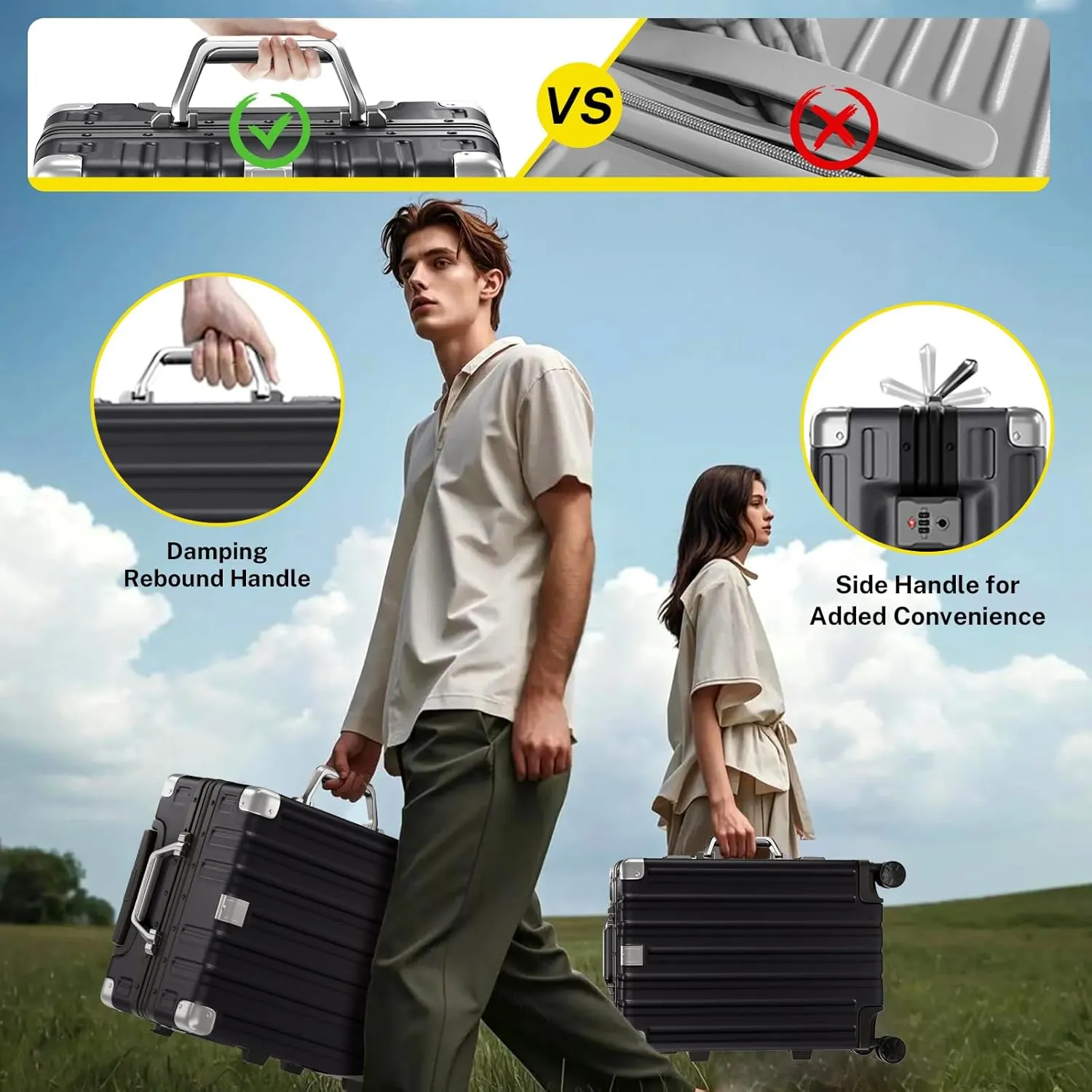 Krute Luggage Aluminum Frame Zipperless Metal Checked Luggage Noble PC ABS Lightweight Hardshell Suitcase with TSA Lock Spinner Wheels 24 Inch Black