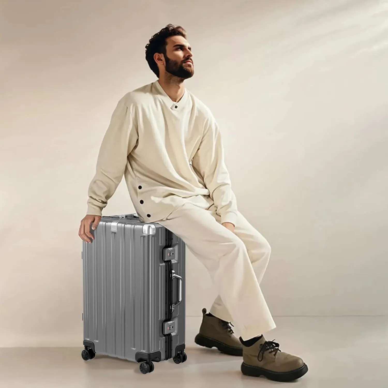 Krute Luggage Aluminum Frame Zipperless Metal Checked Luggage Noble PC ABS Lightweight Hardshell Suitcase with TSA Lock Spinner Wheels 24 Inch Gray
