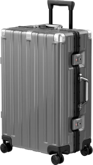 Krute Luggage Aluminum Frame Zipperless Metal Checked Luggage Noble PC ABS Lightweight Hardshell Suitcase with TSA Lock Spinner Wheels 24 Inch Gray