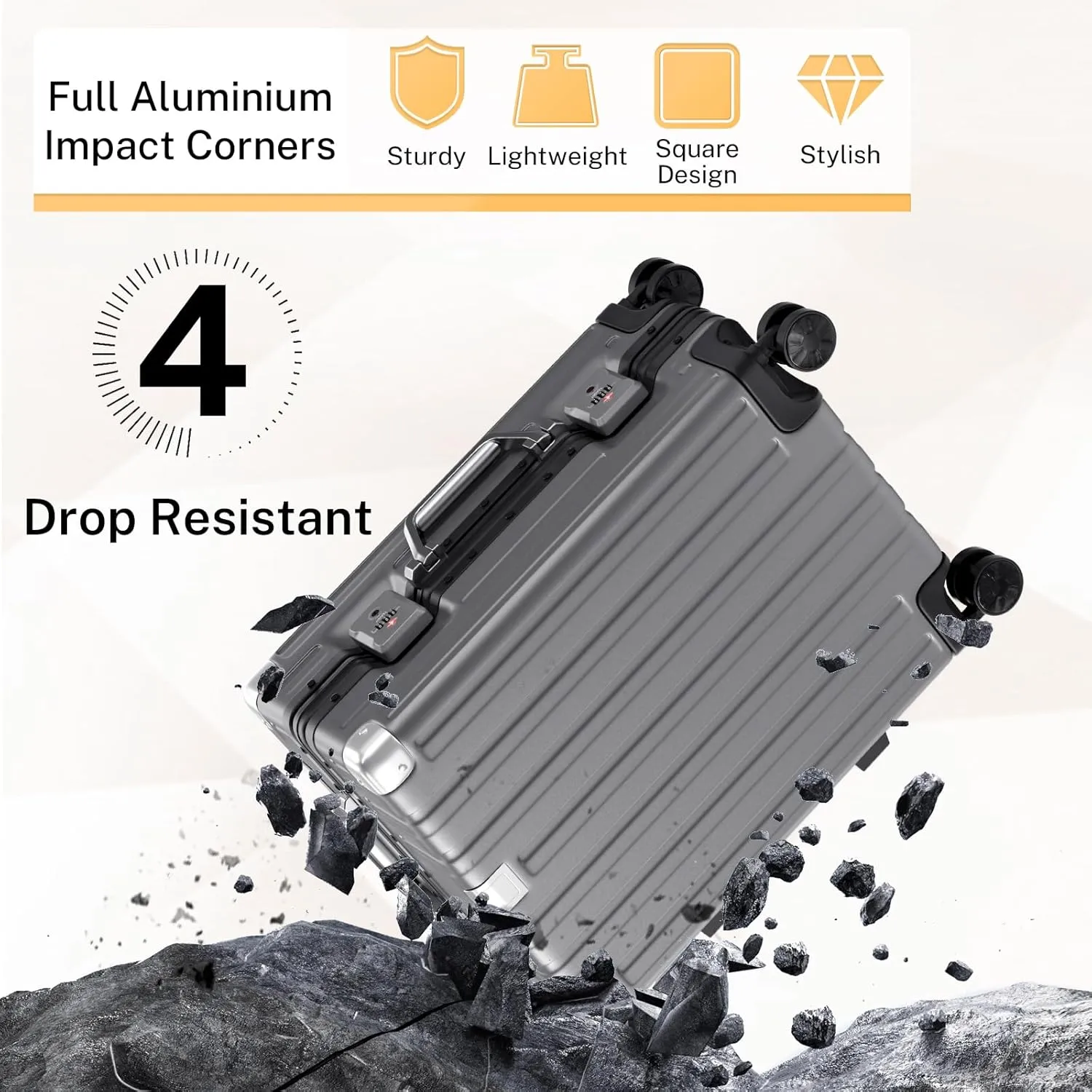 Krute Luggage Aluminum Frame Zipperless Metal Checked Luggage Noble PC ABS Lightweight Hardshell Suitcase with TSA Lock Spinner Wheels 24 Inch Gray