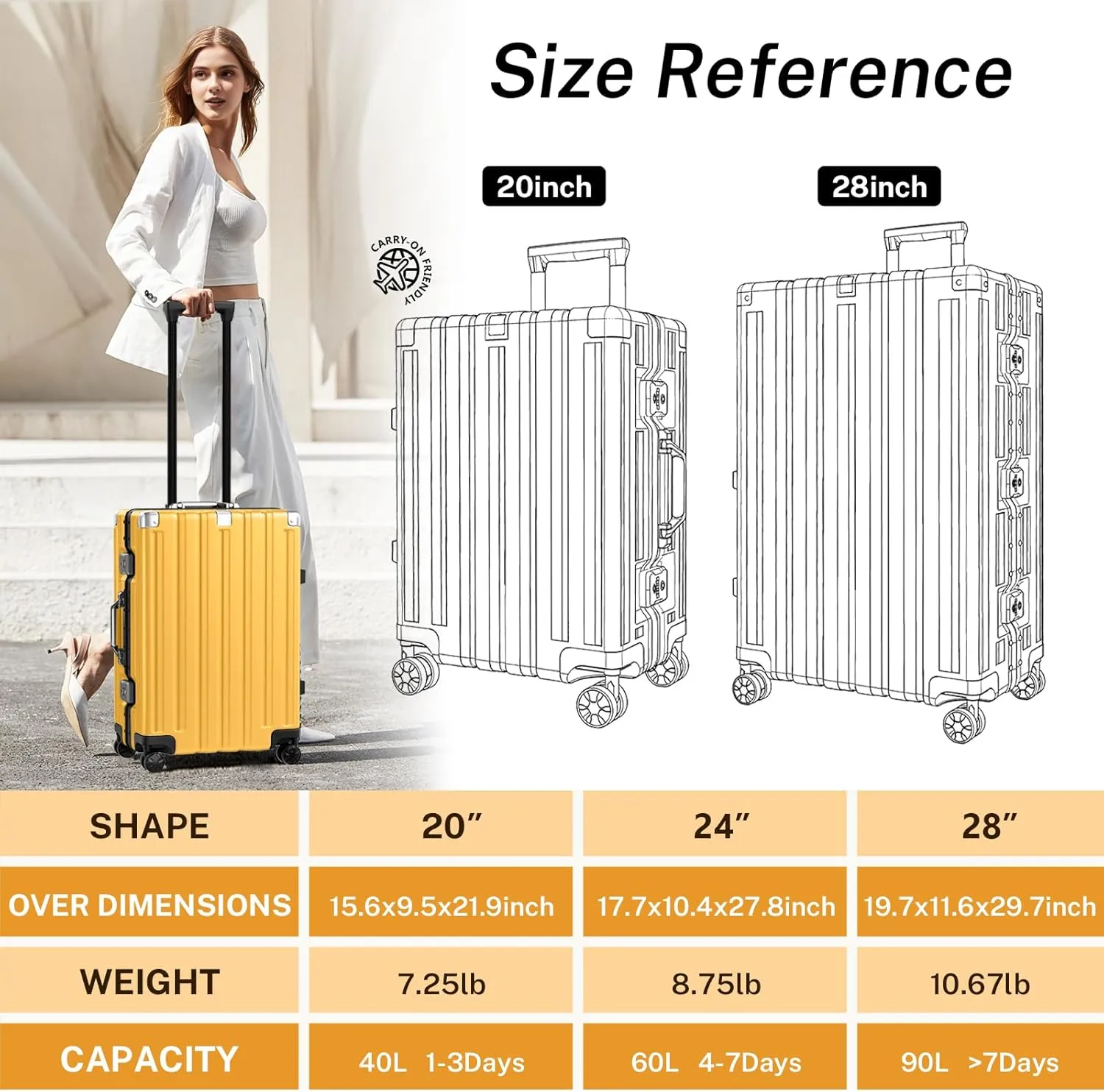 Krute Luggage Aluminum Frame Zipperless Metal Checked Luggage Noble PC ABS Lightweight Hardshell Suitcase with TSA Lock Spinner Wheels 24 Inch Yellow