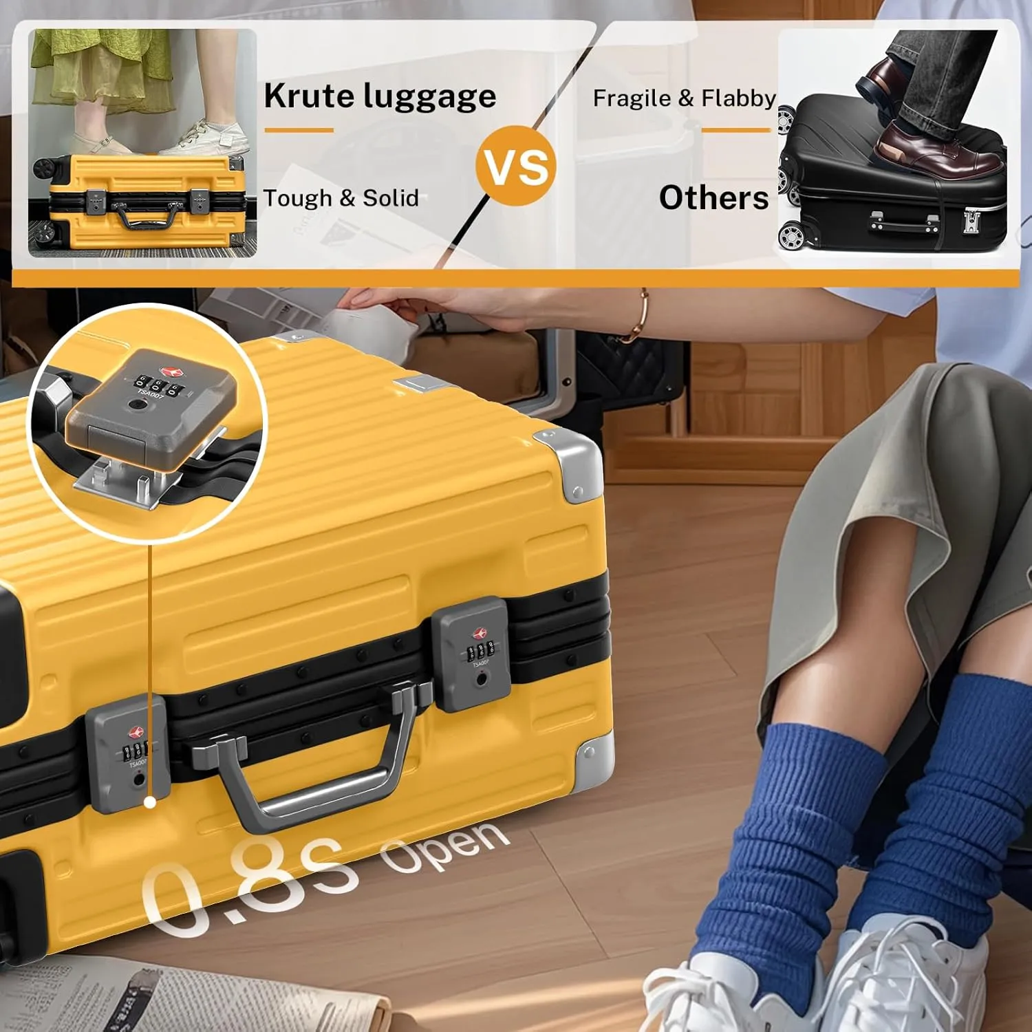 Krute Luggage Aluminum Frame Zipperless Metal Checked Luggage Noble PC ABS Lightweight Hardshell Suitcase with TSA Lock Spinner Wheels 24 Inch Yellow