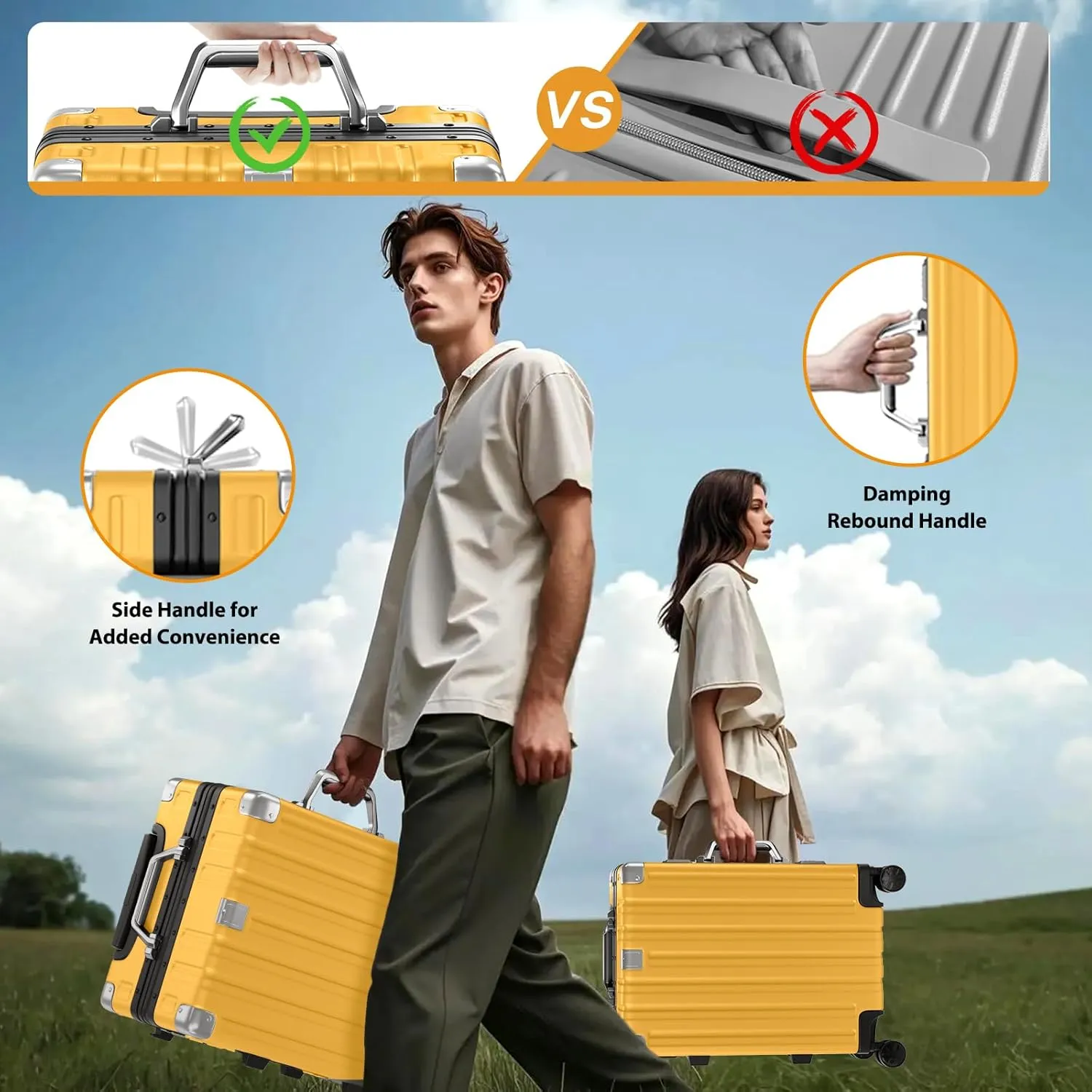 Krute Luggage Aluminum Frame Zipperless Metal Checked Luggage Noble PC ABS Lightweight Hardshell Suitcase with TSA Lock Spinner Wheels 24 Inch Yellow