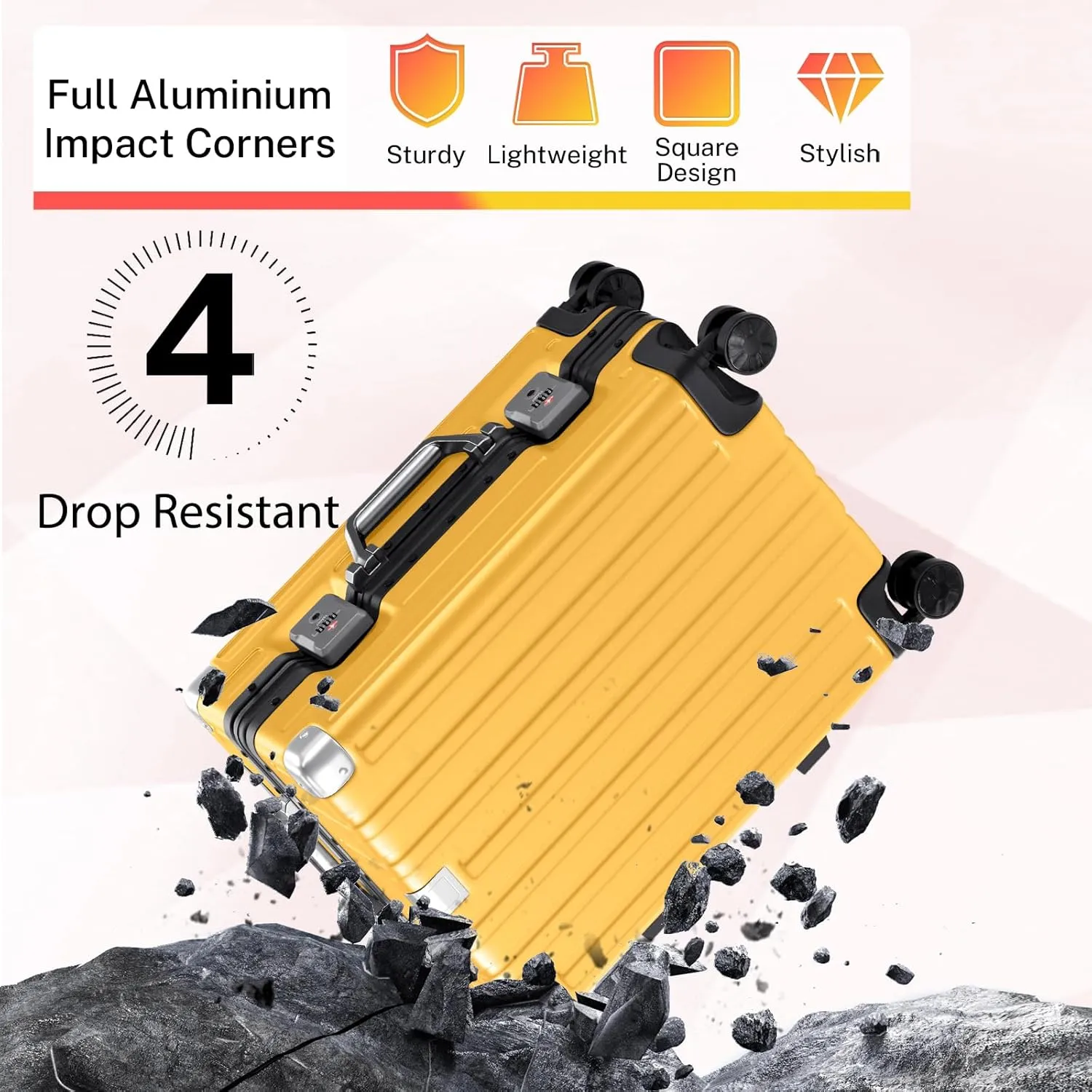 Krute Luggage Aluminum Frame Zipperless Metal Checked Luggage Noble PC ABS Lightweight Hardshell Suitcase with TSA Lock Spinner Wheels 24 Inch Yellow