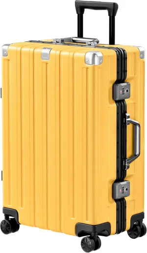 Krute Luggage Aluminum Frame Zipperless Metal Checked Luggage Noble PC ABS Lightweight Hardshell Suitcase with TSA Lock Spinner Wheels 24 Inch Yellow