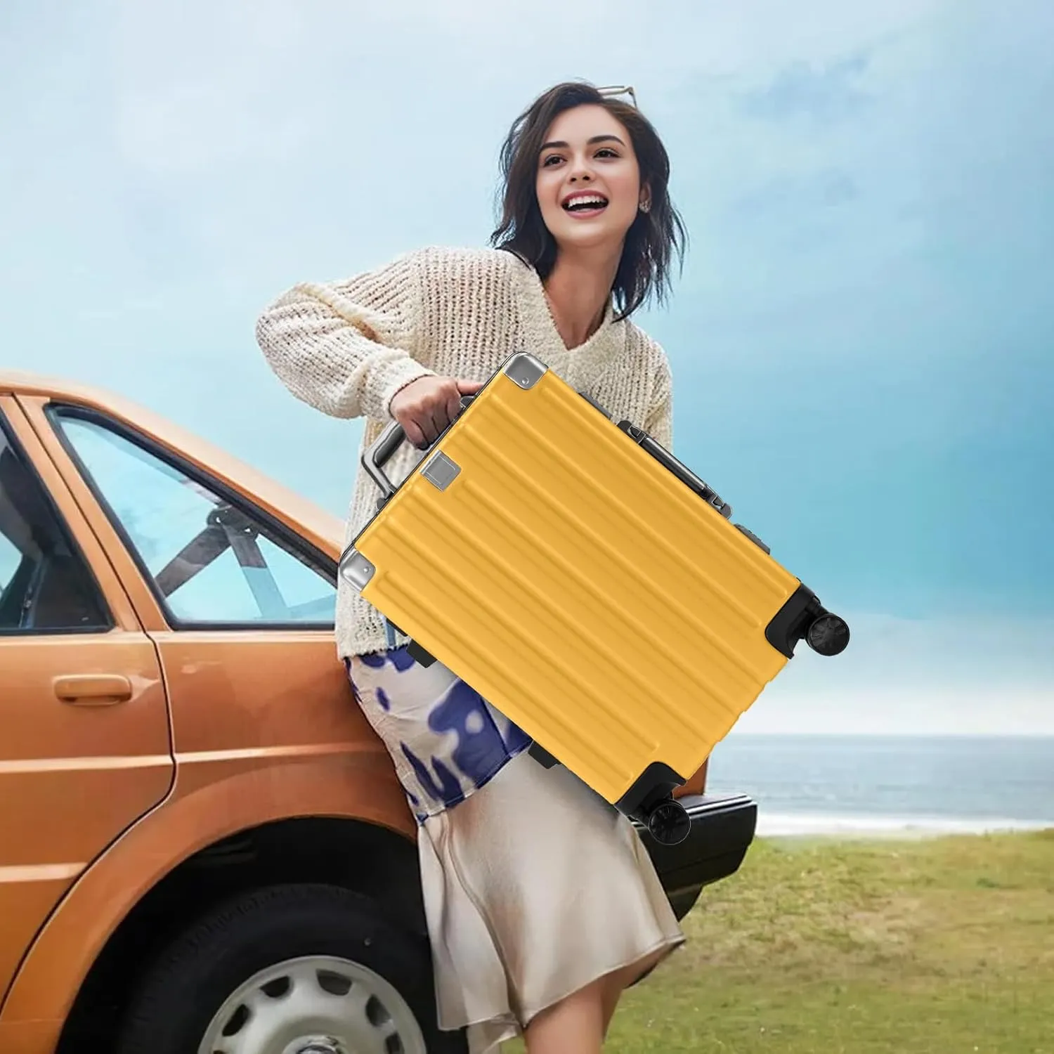 Krute Luggage Aluminum Frame Zipperless Metal Checked Luggage Noble PC ABS Lightweight Hardshell Suitcase with TSA Lock Spinner Wheels 24 Inch Yellow