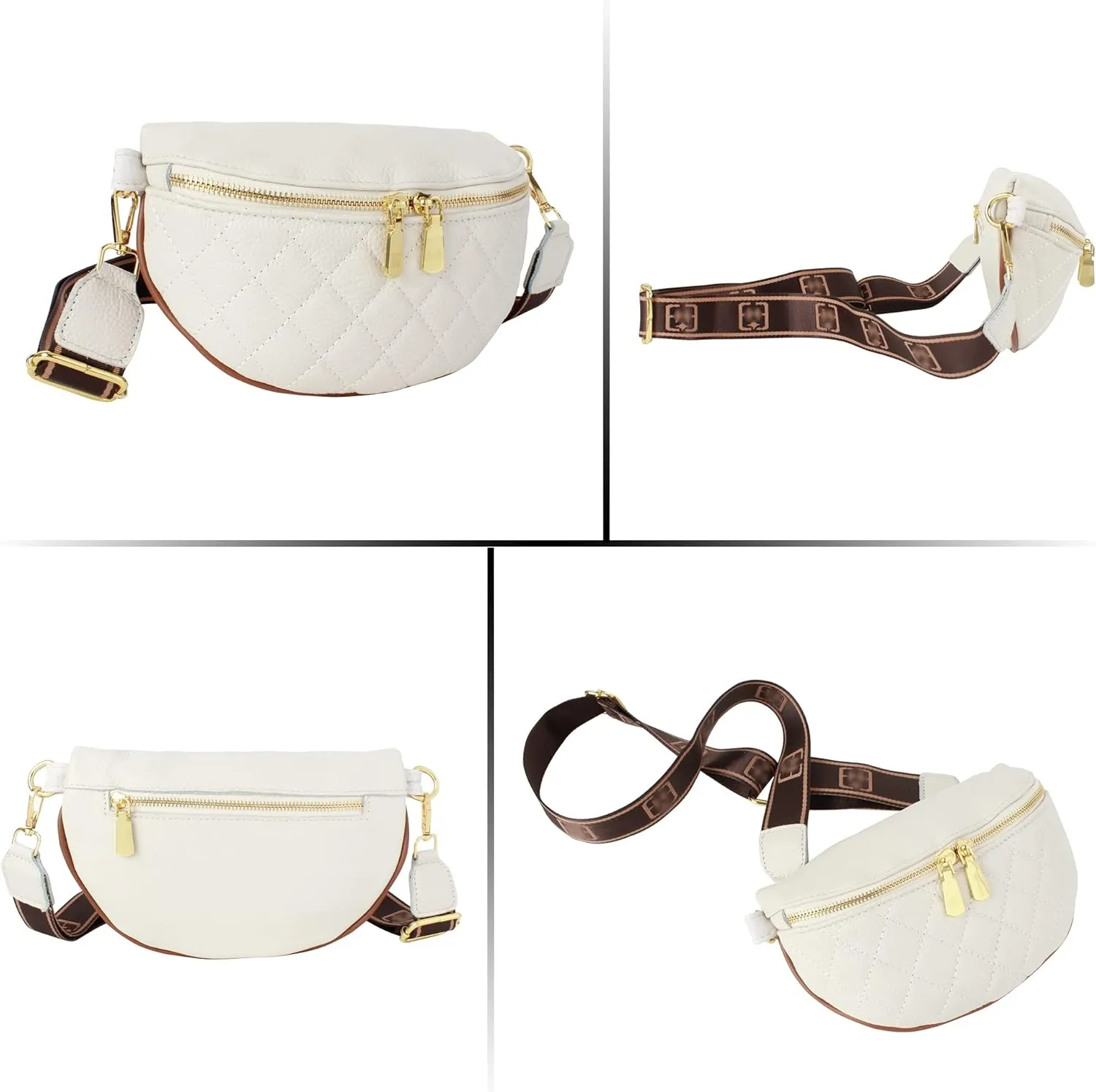 LABANCA Women Rivet Studded Zipper Pocket Shoulder Purse Faux Leather Waist Packs Rave Chest Bag Festival Fanny Bag Purse (07103 White)