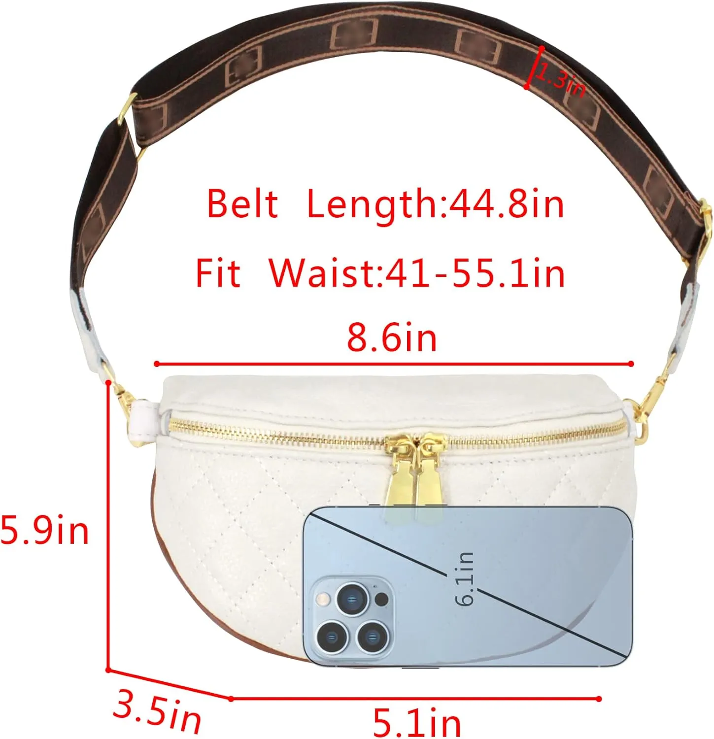 LABANCA Women Rivet Studded Zipper Pocket Shoulder Purse Faux Leather Waist Packs Rave Chest Bag Festival Fanny Bag Purse (07103 White)