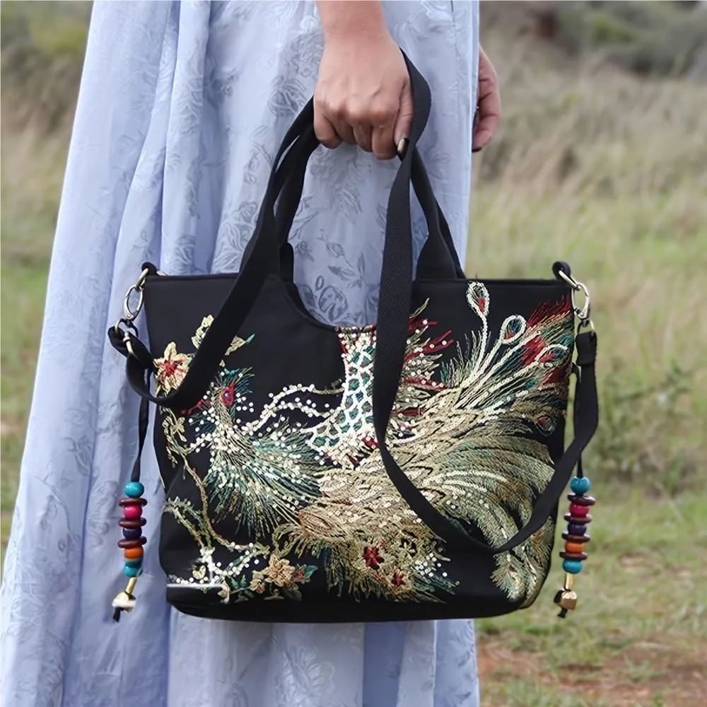 Large Capacity Embroidered Vintage Canvas Bag Ethnic Style Single Shoulder Handbag Crossbody Bag For Women