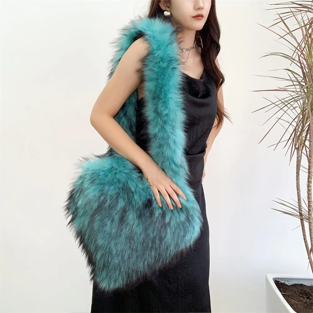 Large Heart Shaped Bag for Women Faux Fur Shoulder Purse Y2k Crossbody Bag Chic Handbag Furry Shoulder Tote Purse