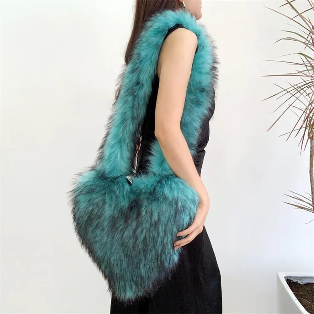 Large Heart Shaped Bag for Women Faux Fur Shoulder Purse Y2k Crossbody Bag Chic Handbag Furry Shoulder Tote Purse