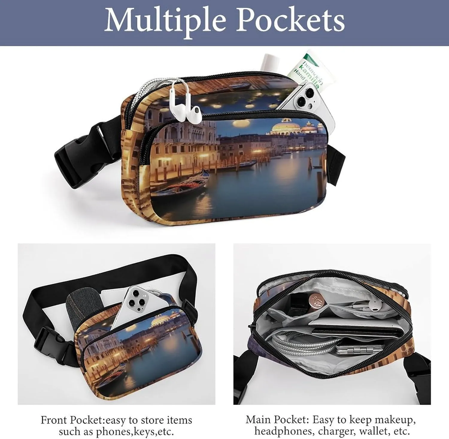 Large Waist Packs with Adjustable Strap,Beautiful Venice at Night CrossBody Fanny Pack Casual Bag for Travel Sports Running Hiking