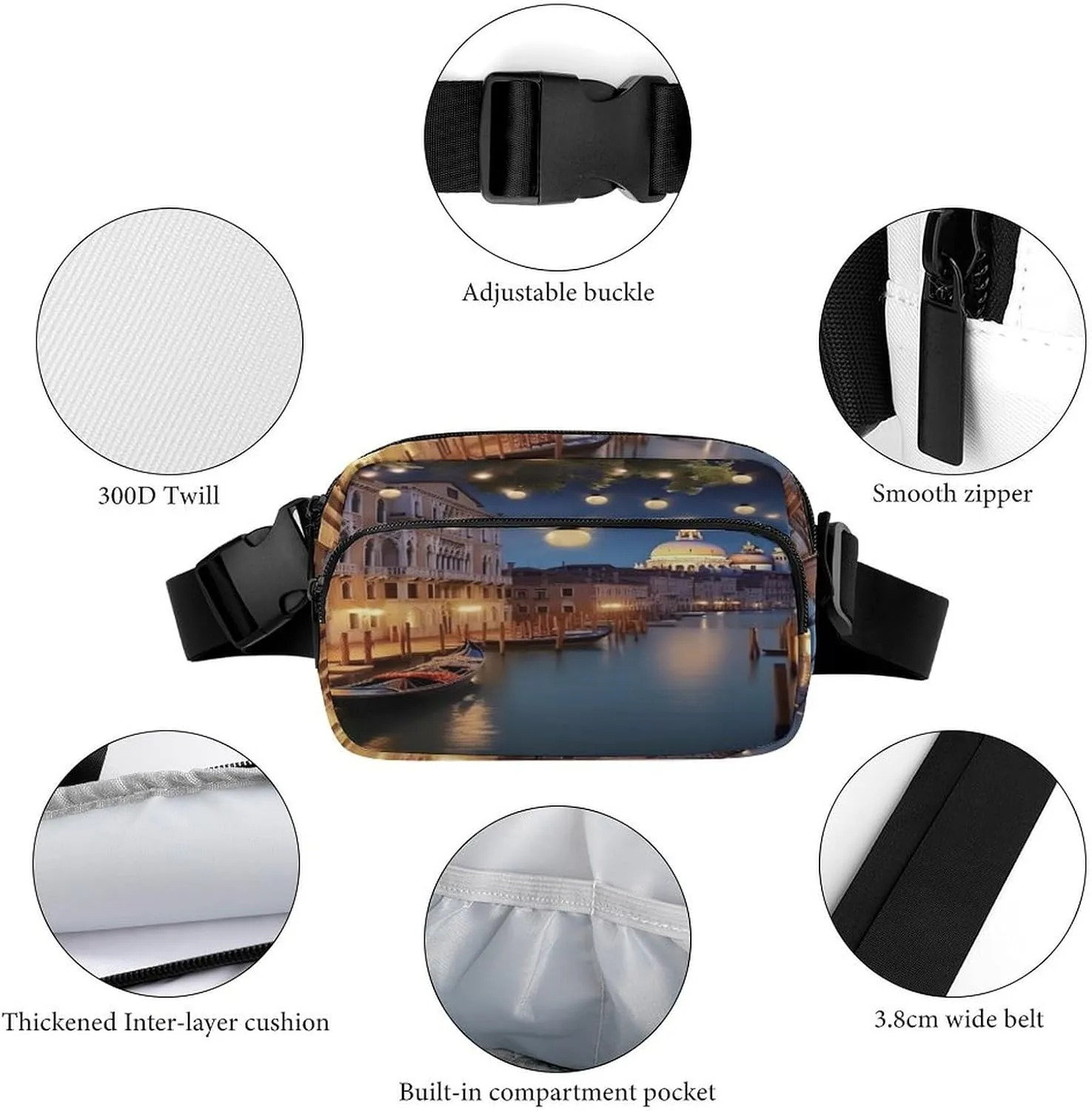 Large Waist Packs with Adjustable Strap,Beautiful Venice at Night CrossBody Fanny Pack Casual Bag for Travel Sports Running Hiking