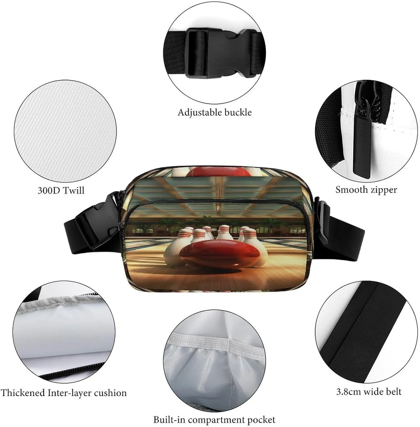 Large Waist Packs with Adjustable Strap,Bowling Club CrossBody Fanny Pack Casual Bag for Travel Sports Running Hiking
