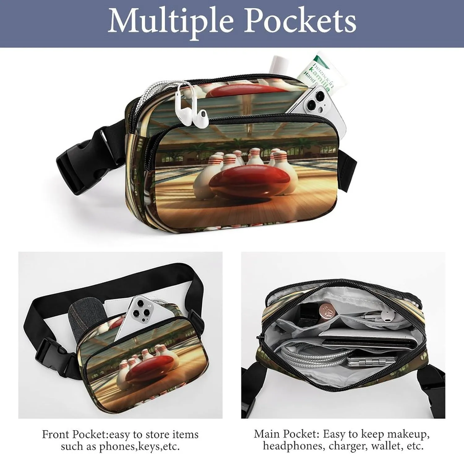 Large Waist Packs with Adjustable Strap,Bowling Club CrossBody Fanny Pack Casual Bag for Travel Sports Running Hiking