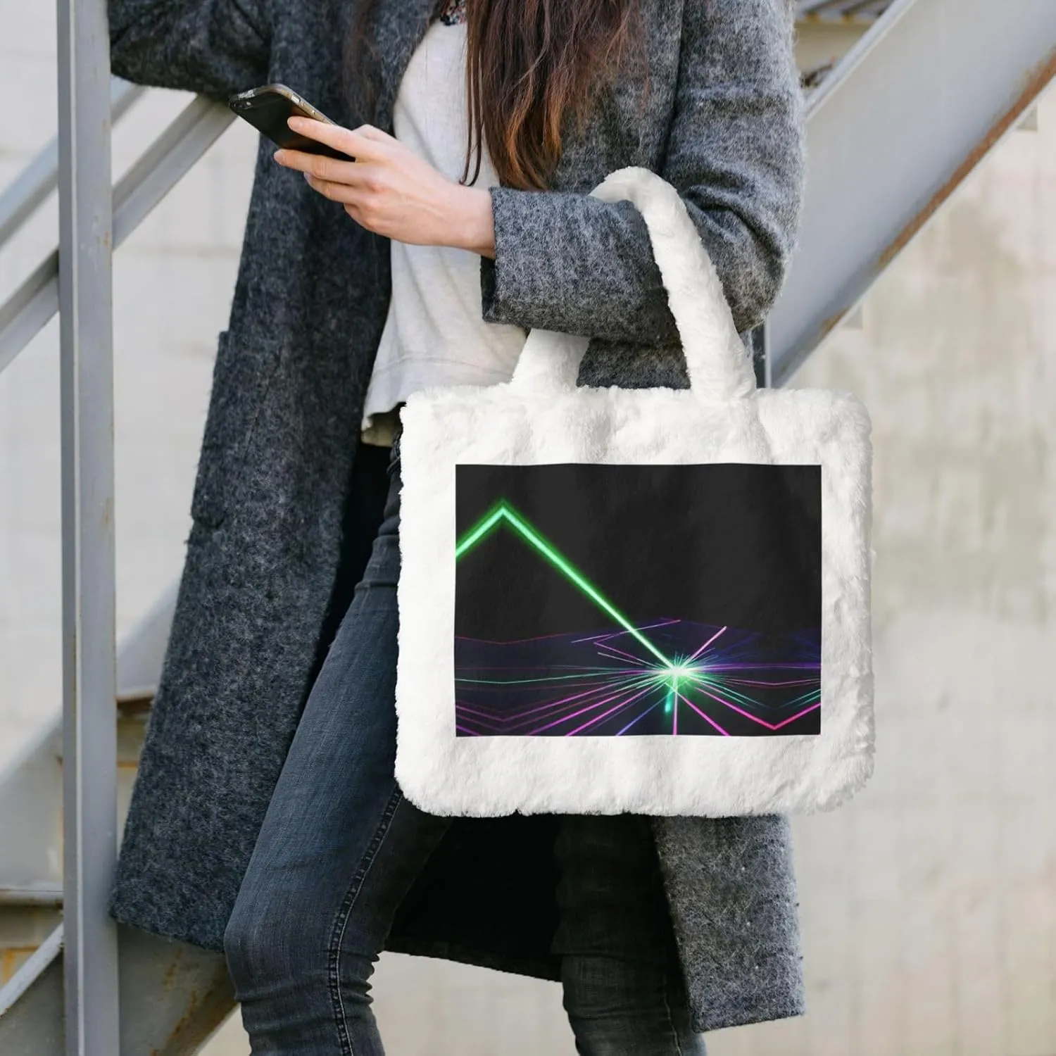Laser Lights Printing Fluffy Shoulder Bag Ladies Plush Underarm Bag Tote Bag Furry Purse Handbag For Work Travel