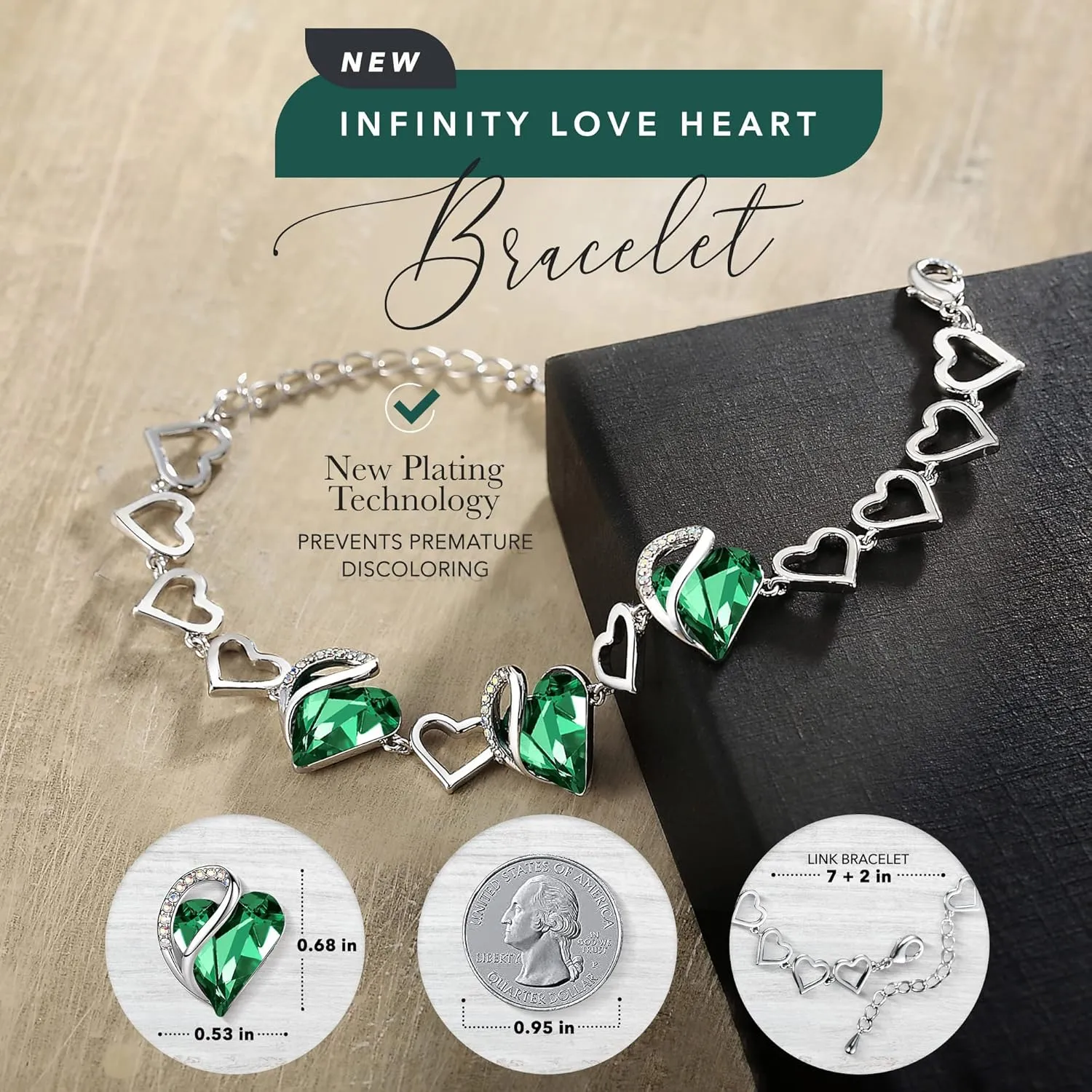 Leafael Valentine's Day Heart Link Bracelets for Women, Infinity Love Birthstone Crystal Charms or Healing Stones, Silver Plated Jewelry Gifts for Her, 7-inch Chain and 2-inch Extender