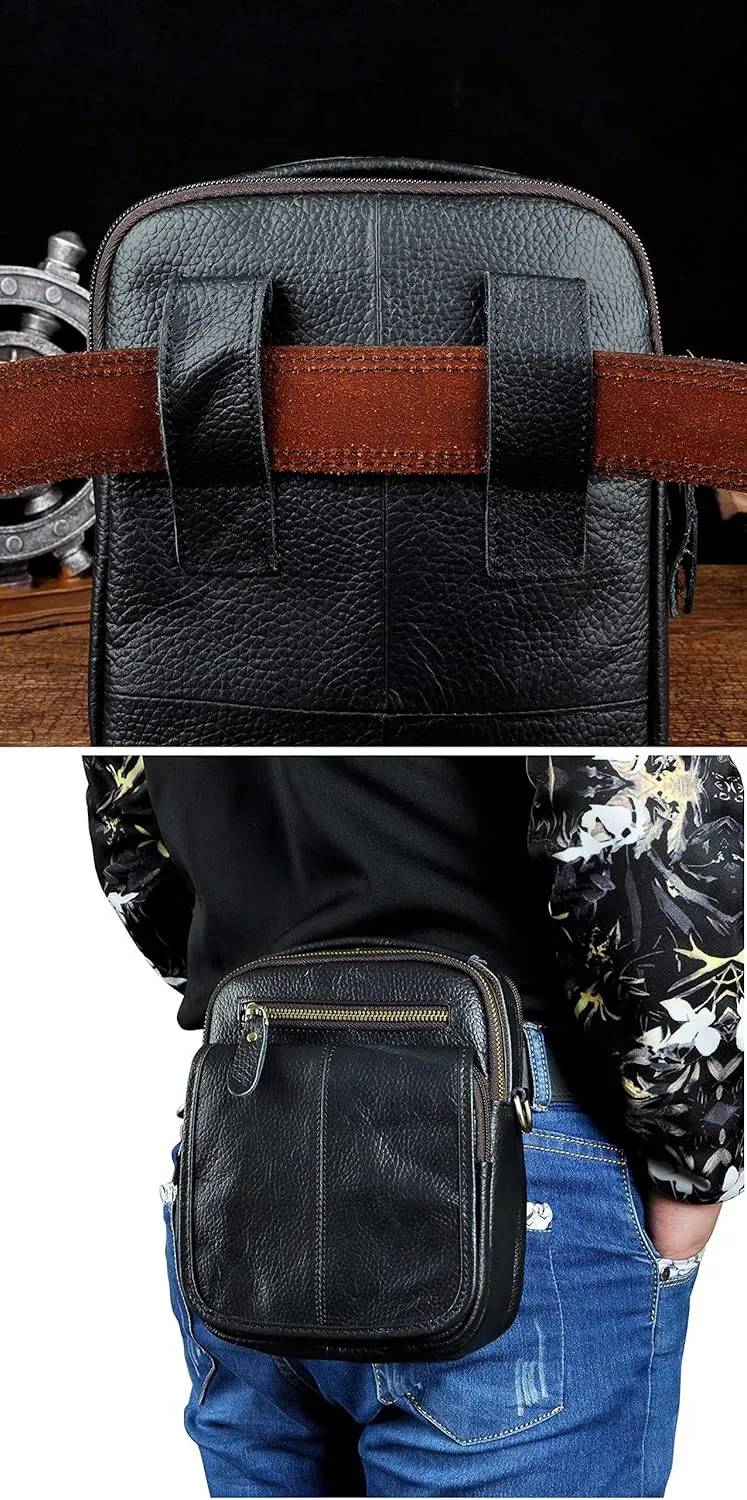 Le'aokuu Mens Genuine Leather Fanny Messenger Shoulder Satchel Waist Bag Pack