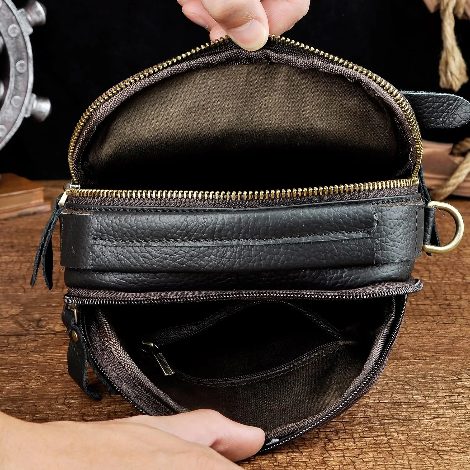 Le'aokuu Mens Genuine Leather Fanny Messenger Shoulder Satchel Waist Bag Pack