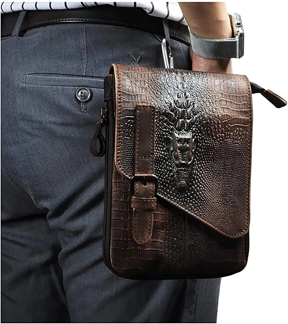 Le'aokuu Mens Genuine Leather Small Messenger Shoulder Satchel Phone Pouch Belt Fanny Waist Bag Pack