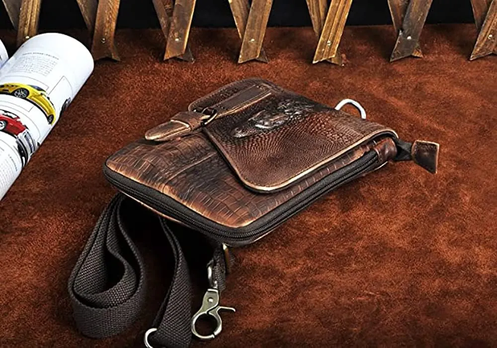 Le'aokuu Mens Genuine Leather Small Messenger Shoulder Satchel Phone Pouch Belt Fanny Waist Bag Pack