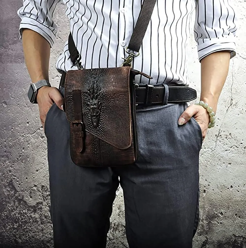 Le'aokuu Mens Genuine Leather Small Messenger Shoulder Satchel Phone Pouch Belt Fanny Waist Bag Pack