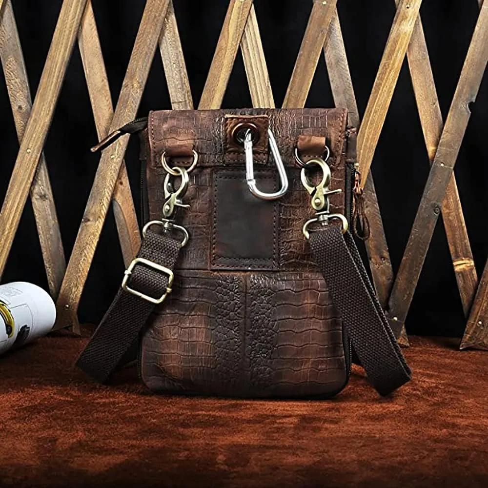 Le'aokuu Mens Genuine Leather Small Messenger Shoulder Satchel Phone Pouch Belt Fanny Waist Bag Pack
