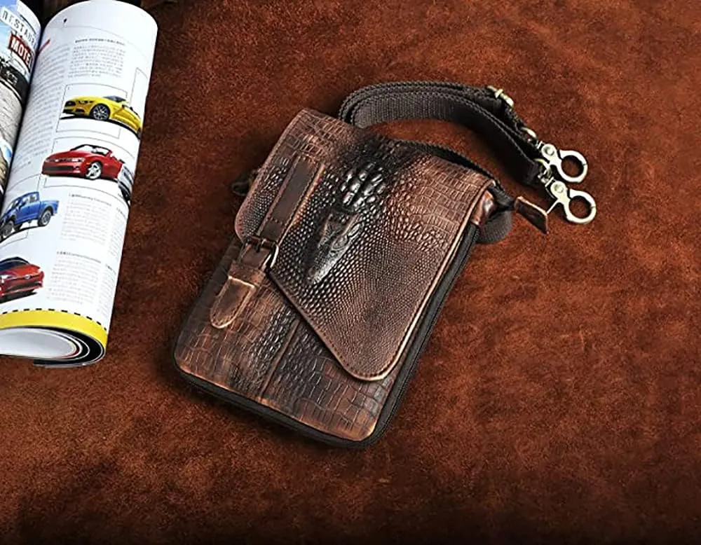 Le'aokuu Mens Genuine Leather Small Messenger Shoulder Satchel Phone Pouch Belt Fanny Waist Bag Pack