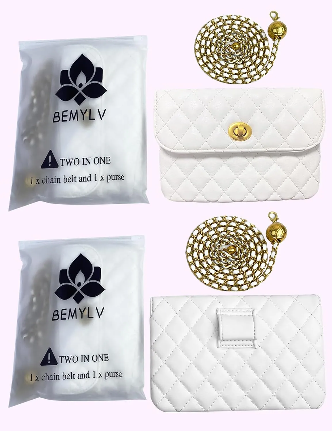 Leather Chain Belt Bag for Women White Crossbody Waist Purse Fanny Pack Fashion Evening Clutch Handbag Detachable