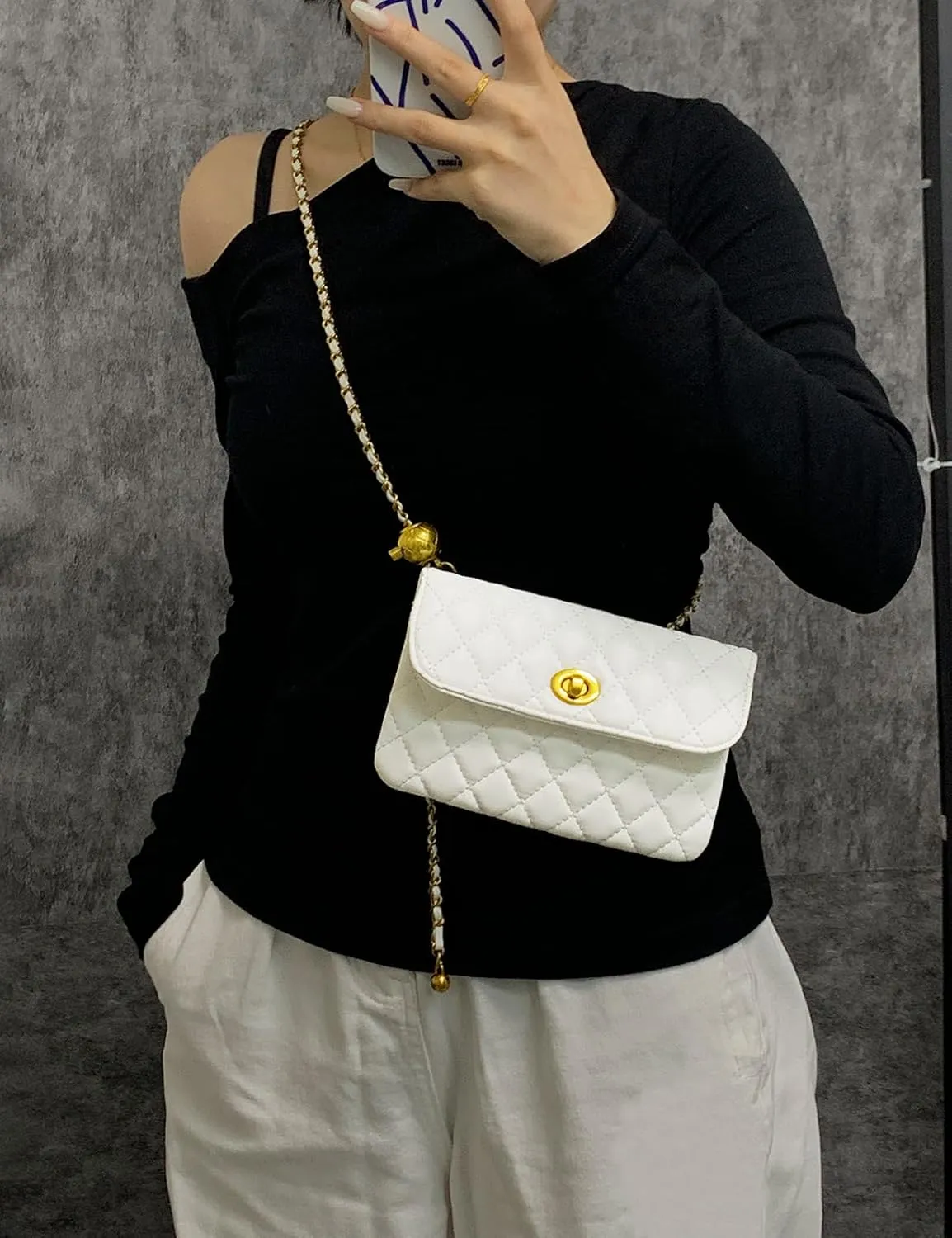 Leather Chain Belt Bag for Women White Crossbody Waist Purse Fanny Pack Fashion Evening Clutch Handbag Detachable