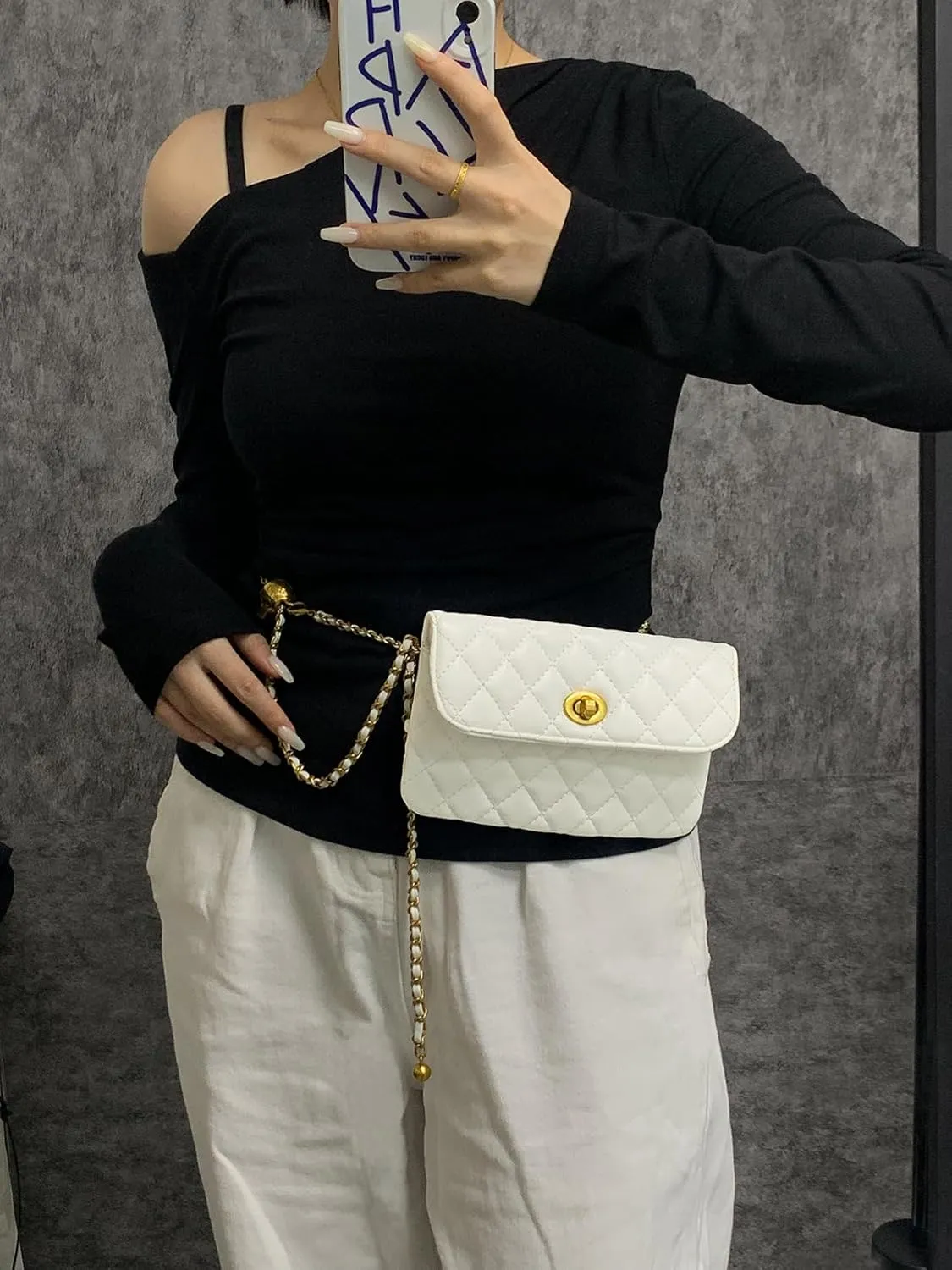 Leather Chain Belt Bag for Women White Crossbody Waist Purse Fanny Pack Fashion Evening Clutch Handbag Detachable