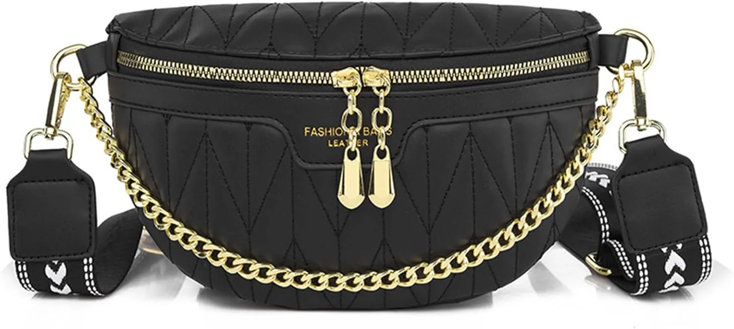 Leather Chest Bag for Women, Chain Belt Bag Fanny Pack Purse Fashionable Crossbody Waist Bags Handbag for Everyday Use Trip Walking Hiking