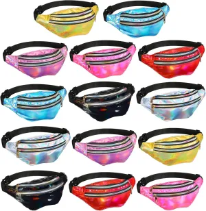 LEIFIDE 14 Pcs Holographic Fanny Pack 80s 90s Rave Neon Fanny Pack Waterproof Adjustable Metallic Color Waist Bag with 2 Pouches for Travel Hiking Festival Party Supplies, 7 Colors