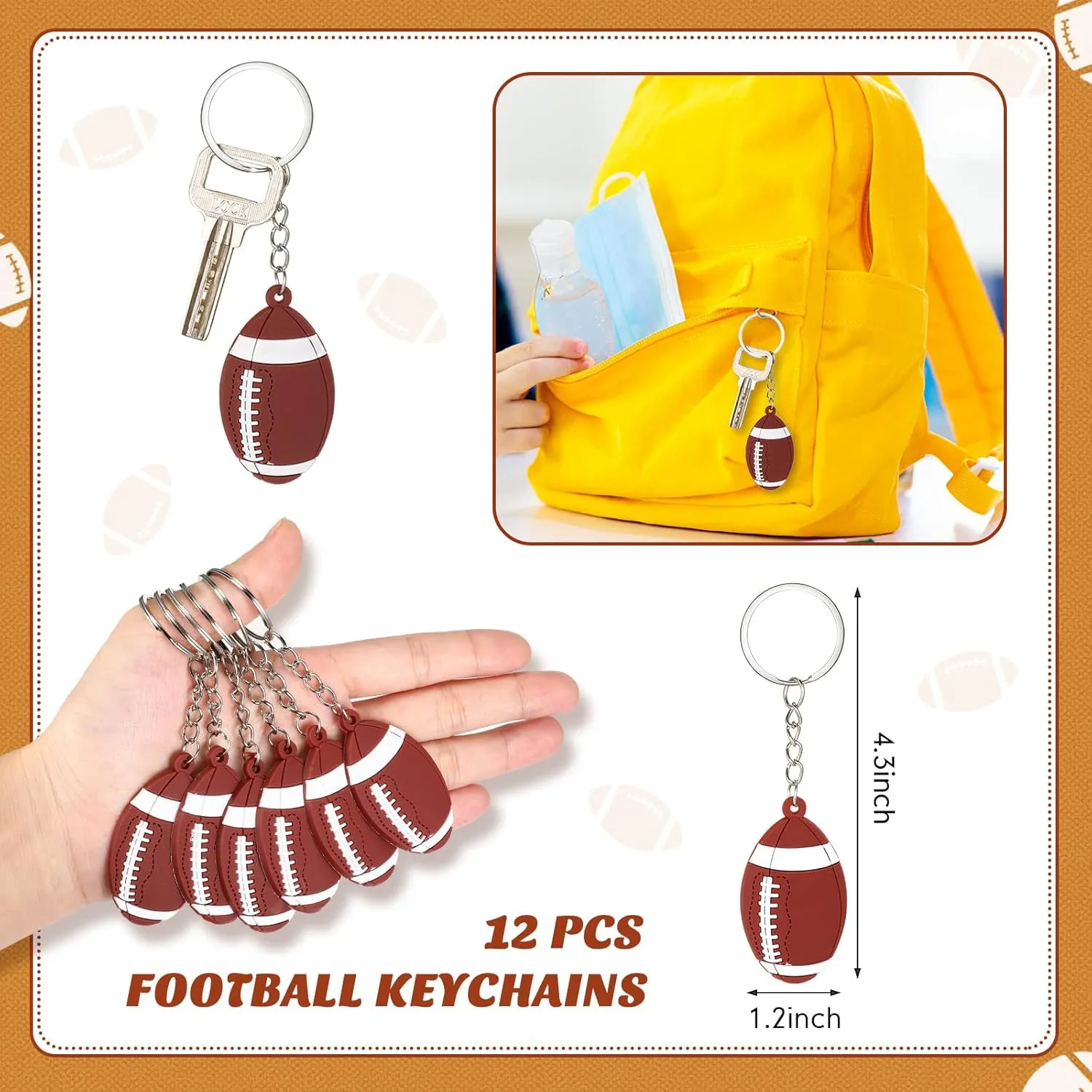 LEIFIDE 48 Pcs Basketball Soccer Football Baseball Party Favors Supplies 12 Sets Silicone Bracelet Drawstring Treat Bag Mini Stress Ball Keychains for Birthday Sports Party Supplies(Football)