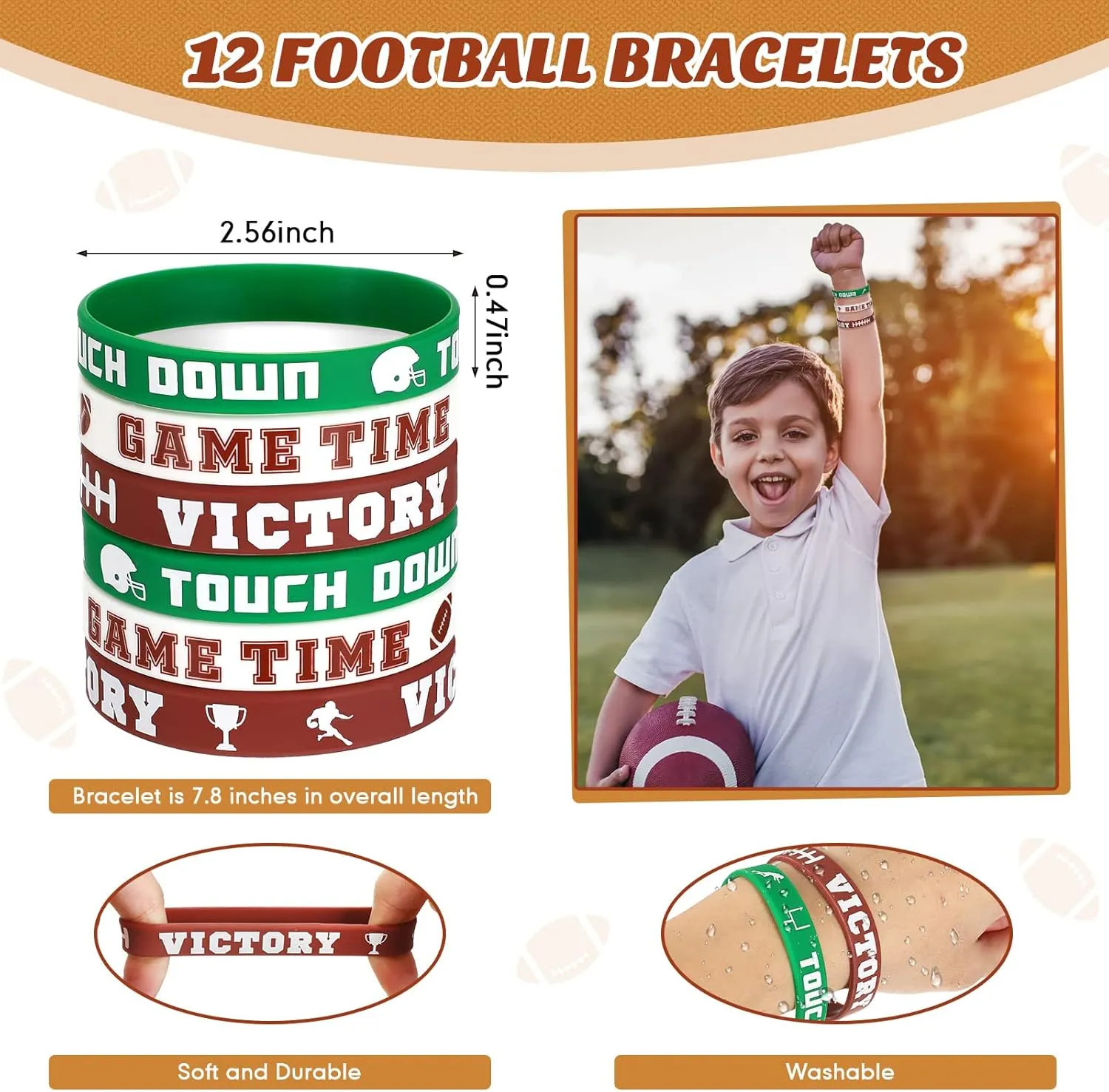 LEIFIDE 48 Pcs Basketball Soccer Football Baseball Party Favors Supplies 12 Sets Silicone Bracelet Drawstring Treat Bag Mini Stress Ball Keychains for Birthday Sports Party Supplies(Football)