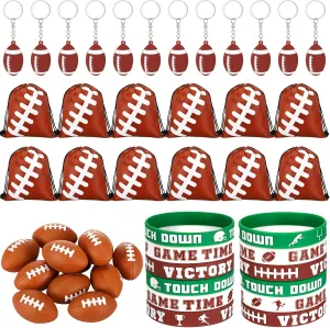 LEIFIDE 48 Pcs Basketball Soccer Football Baseball Party Favors Supplies 12 Sets Silicone Bracelet Drawstring Treat Bag Mini Stress Ball Keychains for Birthday Sports Party Supplies(Football)