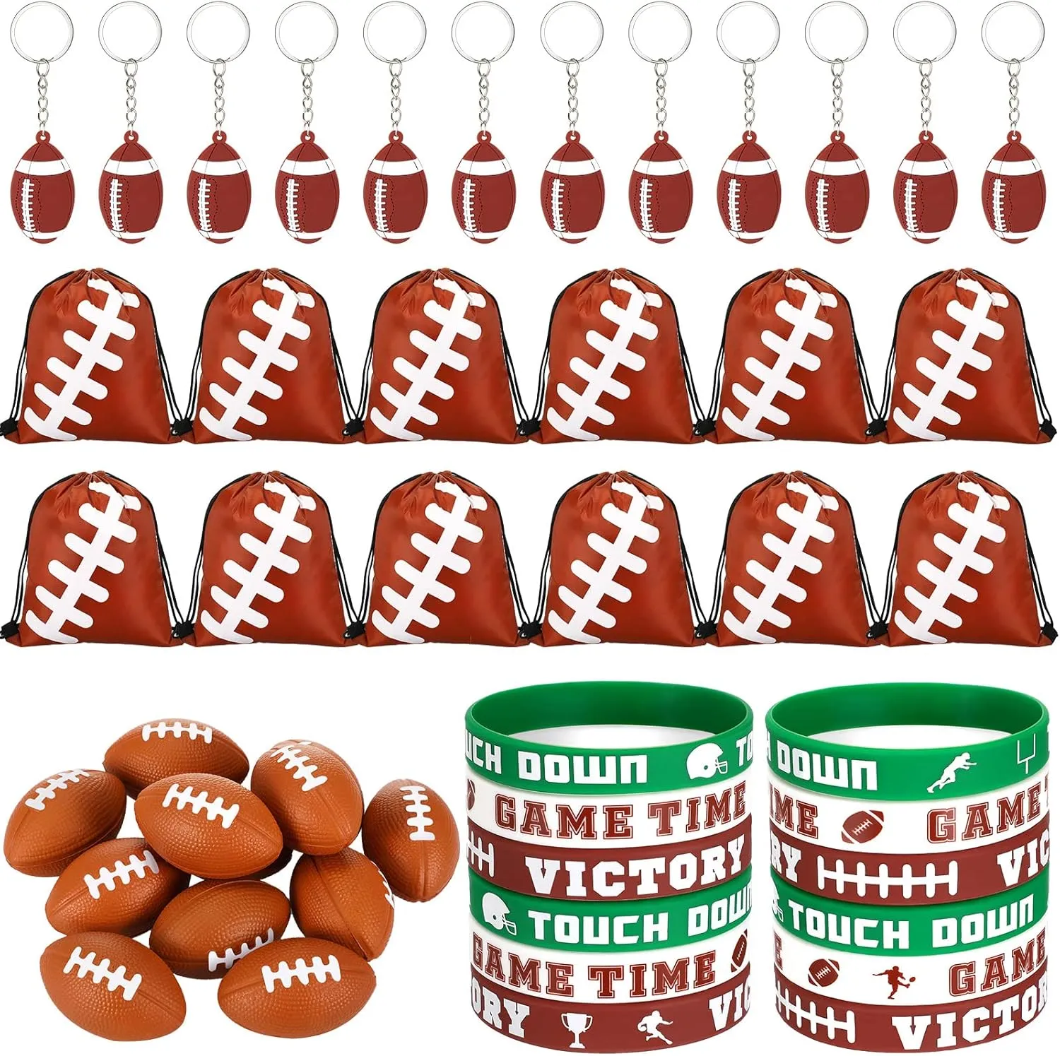 LEIFIDE 48 Pcs Basketball Soccer Football Baseball Party Favors Supplies 12 Sets Silicone Bracelet Drawstring Treat Bag Mini Stress Ball Keychains for Birthday Sports Party Supplies(Football)