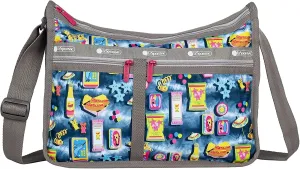 LeSportsac Beach Snacks Deluxe Everyday Crossbody Bag   Cosmetic Bag, Style 7507/Color F949, Vibrant Pop Art Style Beachy Graphics: Hot Dogs, French Fries & Tropical Drinks, Unique Hot Pink Zip Pull
