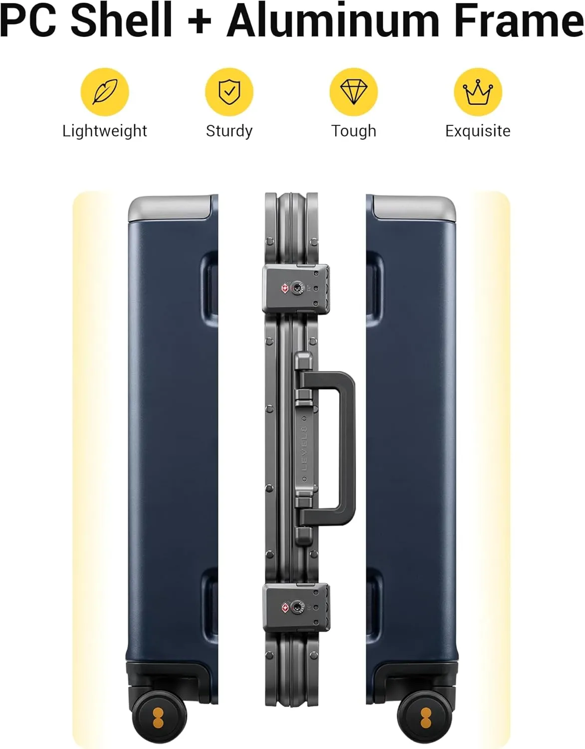 LEVEL8 Carry On Luggage Airline Approved Zipperless with Aluminum Frame, Lightweight Hard Case Luggage with Spinner Wheels, Metal Travel Suitcase with Double Tsa Locks, 20 Inch, Blue