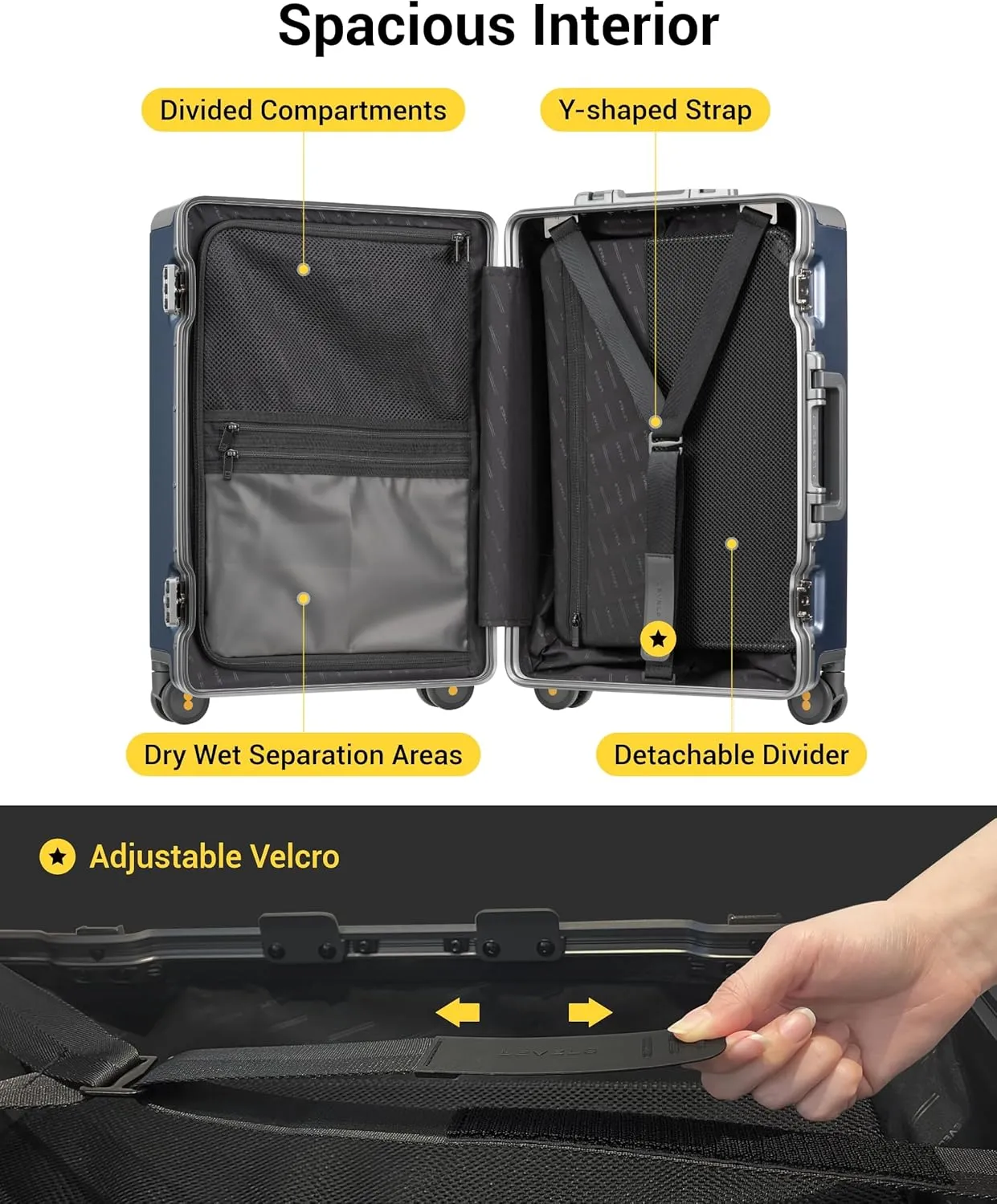 LEVEL8 Carry On Luggage Airline Approved Zipperless with Aluminum Frame, Lightweight Hard Case Luggage with Spinner Wheels, Metal Travel Suitcase with Double Tsa Locks, 20 Inch, Blue