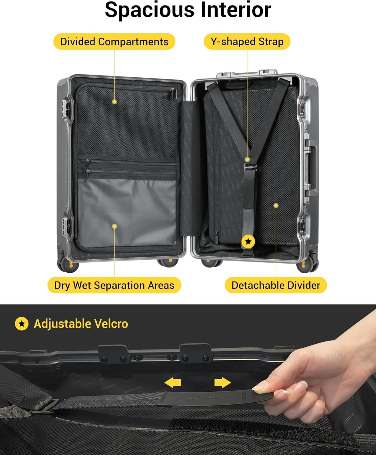 LEVEL8 Zipperless Carry On Luggage Airline Approved with Aluminum Frame, Lightweight Hard Shell Suitcase with Spinner Wheels, Metal Checked Luggage with Double Tsa Locks, 20 Inch, Grey