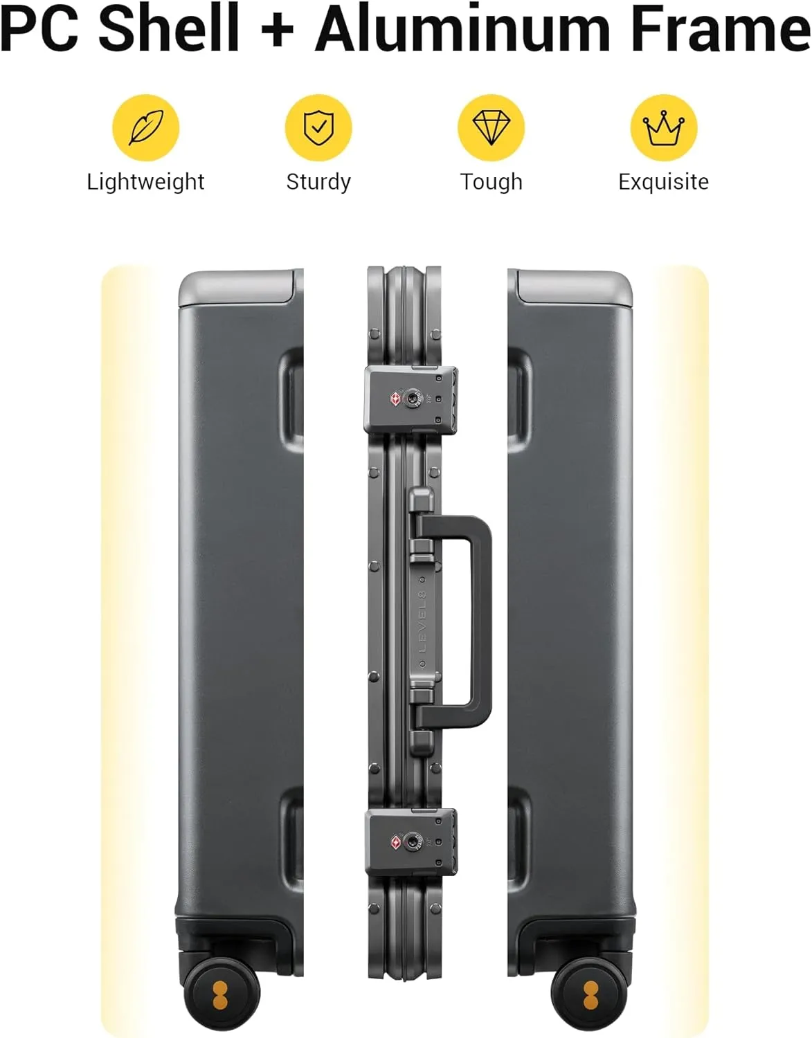 LEVEL8 Zipperless Carry On Luggage Airline Approved with Aluminum Frame, Lightweight Hard Shell Suitcase with Spinner Wheels, Metal Checked Luggage with Double Tsa Locks, 20 Inch, Grey