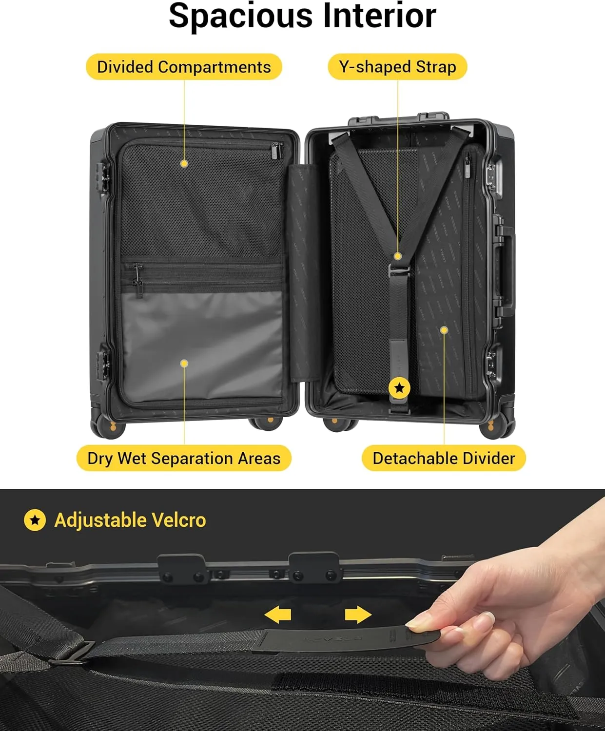 LEVEL8 Zipperless Carry On Suitcase Airline Approved with Aluminum Frame, Lightweight Hard Shell Luggage with Spinner Wheels, Metal Travel Luggage with Double Tsa Locks, 20 Inch, Black