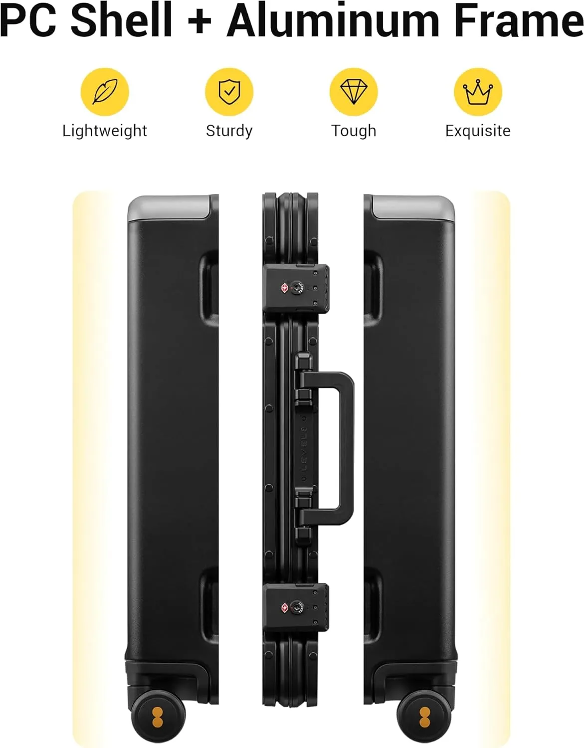 LEVEL8 Zipperless Carry On Suitcase Airline Approved with Aluminum Frame, Lightweight Hard Shell Luggage with Spinner Wheels, Metal Travel Luggage with Double Tsa Locks, 20 Inch, Black