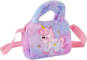 LOGOFUN Plush Unicorn Tote Bag Plush Crossbody Handbags Rainbow Fluffy Fuzzy Unicorn Purse Bag for Kids Gift (Purple)